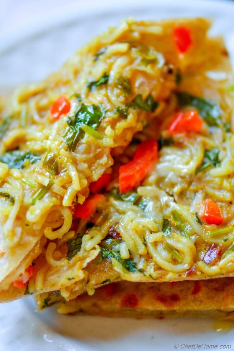 Ramen Noodles and Veggies Stuffed, Spicy and Whole Wheat Flat Bread. Great for kiddos snacking!