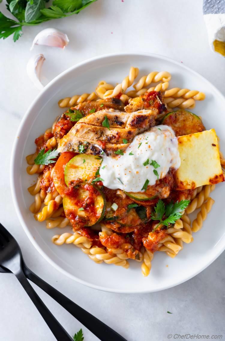 Chicken Ratatouille Over Pasta 