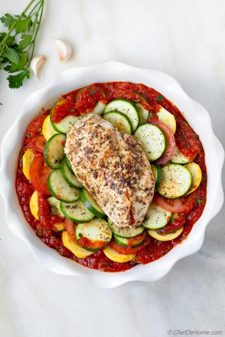 Assembled Ratatouille with layer of veggies, sauce and chicken
