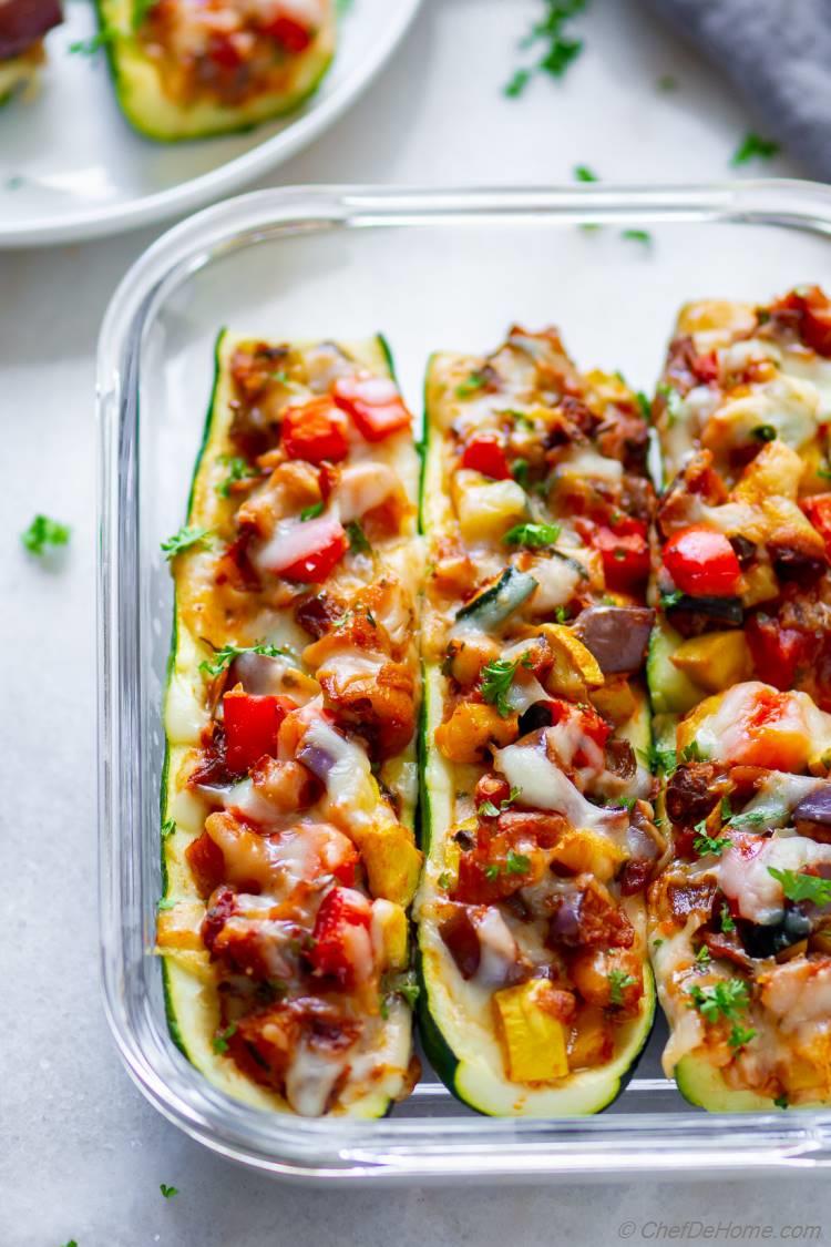 Stuffed Zucchini Recipe with Veggie Summer Squash and Eggplant Ratatouille Stuffing