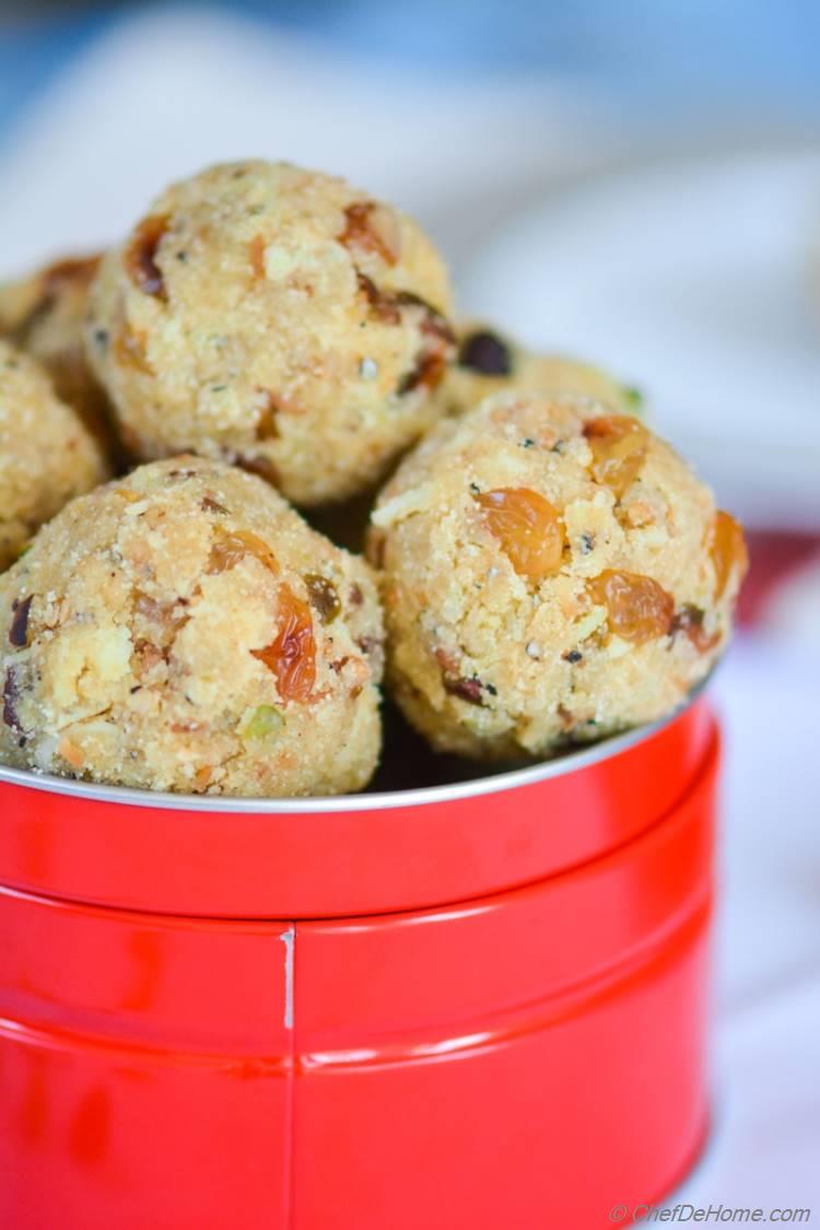 Rava (Semolina) Ladoo (truffles) have sweet, buttery bite with special surprise of crunchy pistachio nuts and savory plum golden raisins. Pack some to gift someone special or sneek one into kid's lunch box for a special-sweet-surprise!