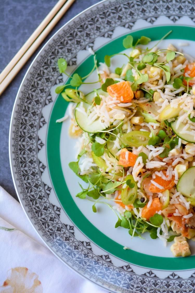 Kale Sprouts, Rice, and Roasted Corn Salad with flavorful Kimchi Dressing