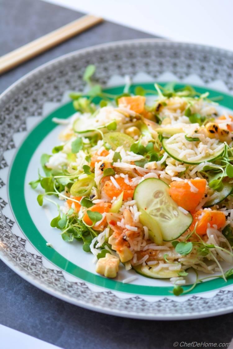 Kale Sprouts, Rice, and Roasted Corn Salad with flavorful Kimchi Dressing