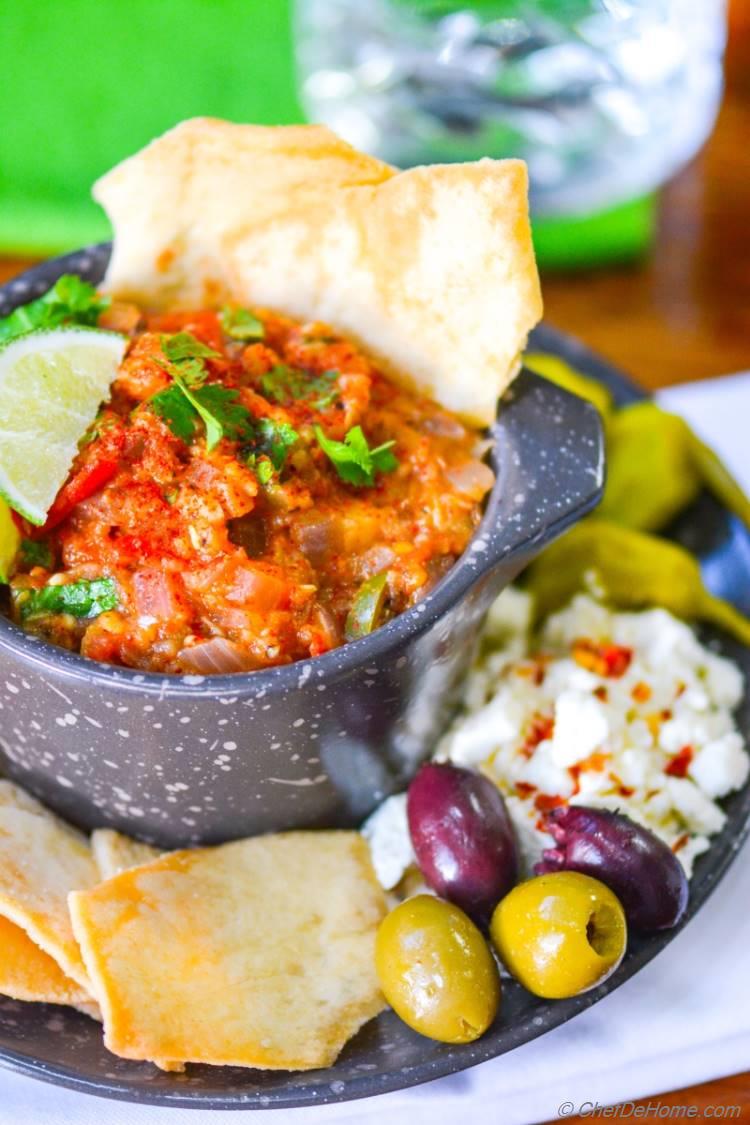 Vegan, gluten free, smokey, velvety with crunchy onion.This Roasted Eggplant and Tomato Dip is perfect for party entertaining. Plus easy on stomach, and packed with flavor! I bet you have to double the recipe!