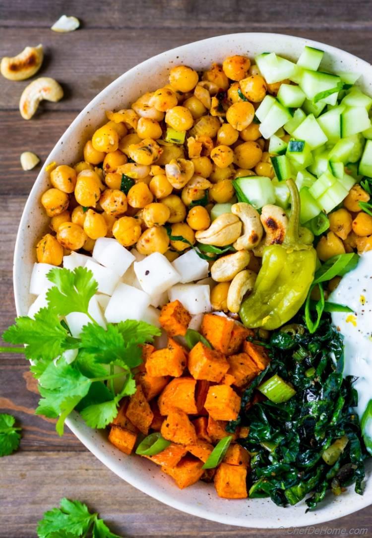 Spicy Chickpeas Salad greek style sweet potatoes and yogurt | chefdehome.com