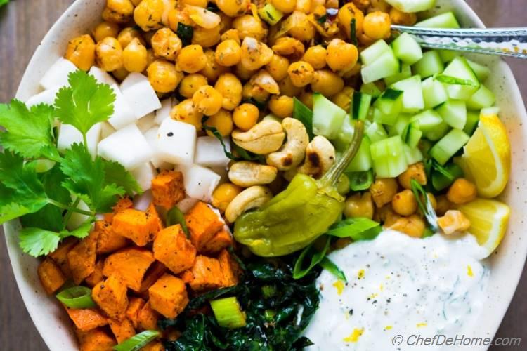 Sweet Potato Kale and Chickpea Salad with cooling yogurt and herbs dressing | chefdehome.com