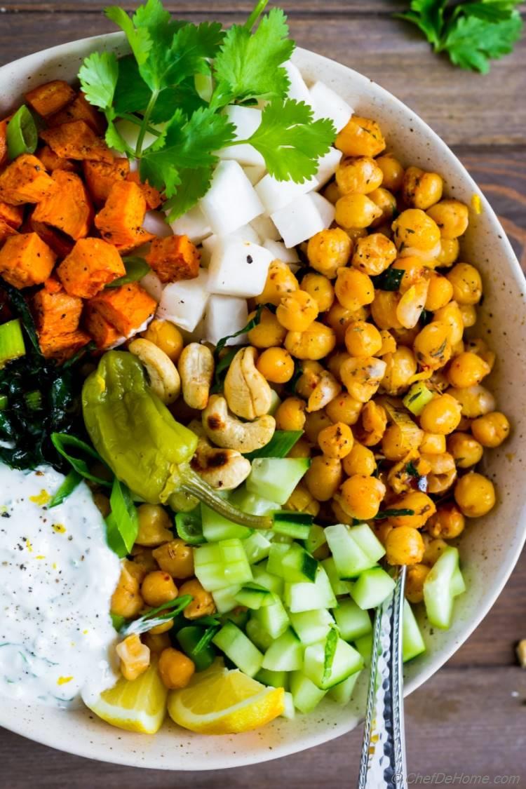 Sweet Potato Salad with spicy chickpeas kale and cucumber | chefdehome.com