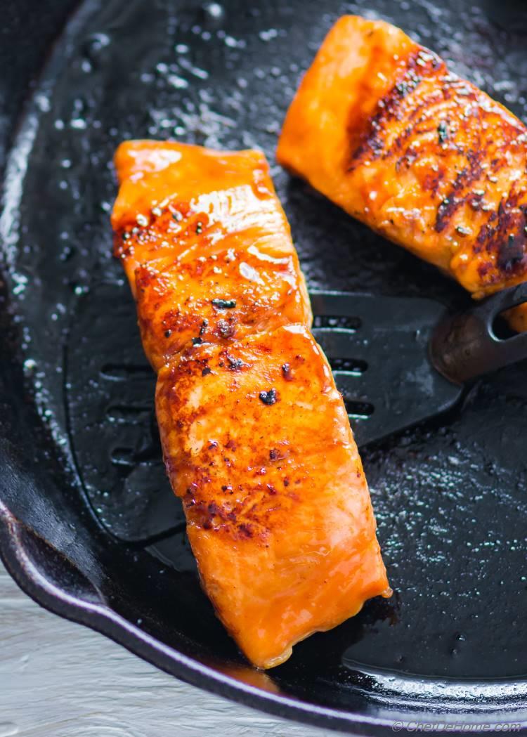 Teriyaki Salmon cooked in Skillet