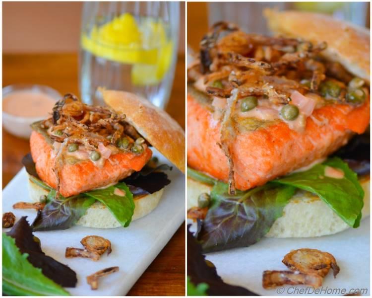 Salmon Burgers with Lemon-Caper Wine Sauce