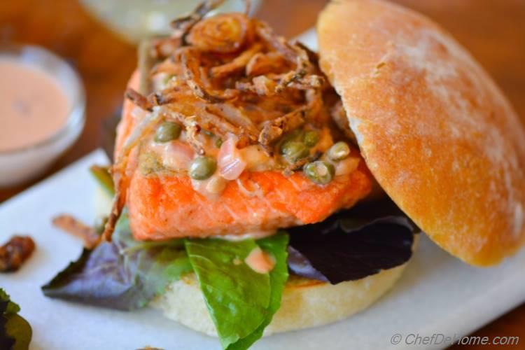 Salmon Burgers with Lemon-Caper Wine Sauce