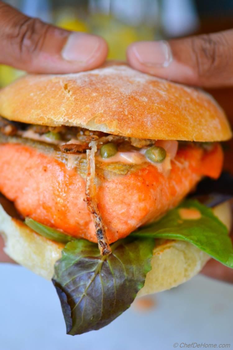 Salmon Burgers with Lemon-Caper Spread and Fennel Slaw - Dishing