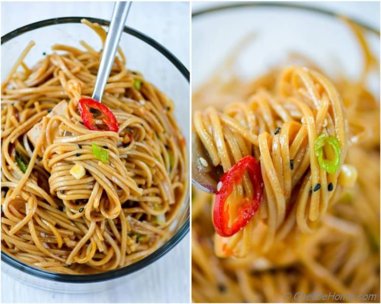 Garlicky Chili Garlic Sauce Coated Buckwheat Noodles for Easy Chinese Dinner at home | chefdehome.com