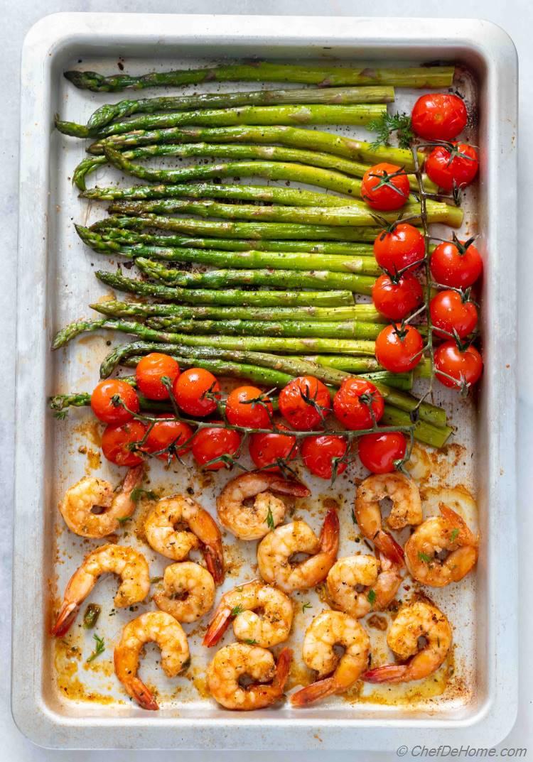 Tasty Mediterranean Roasted Garlic Shrimp Asparagus and Tomatoes