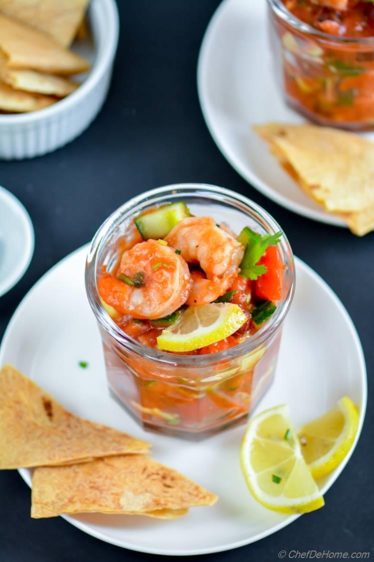 Shrimp Cocktail served with Baked Tortilla Chips for Easy and Healthy Holiday Entertaining | chefdehome.com