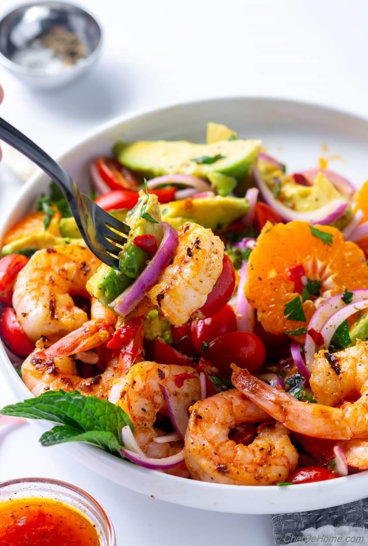 Avocado Salad with Grilled Shrimp on a Fork