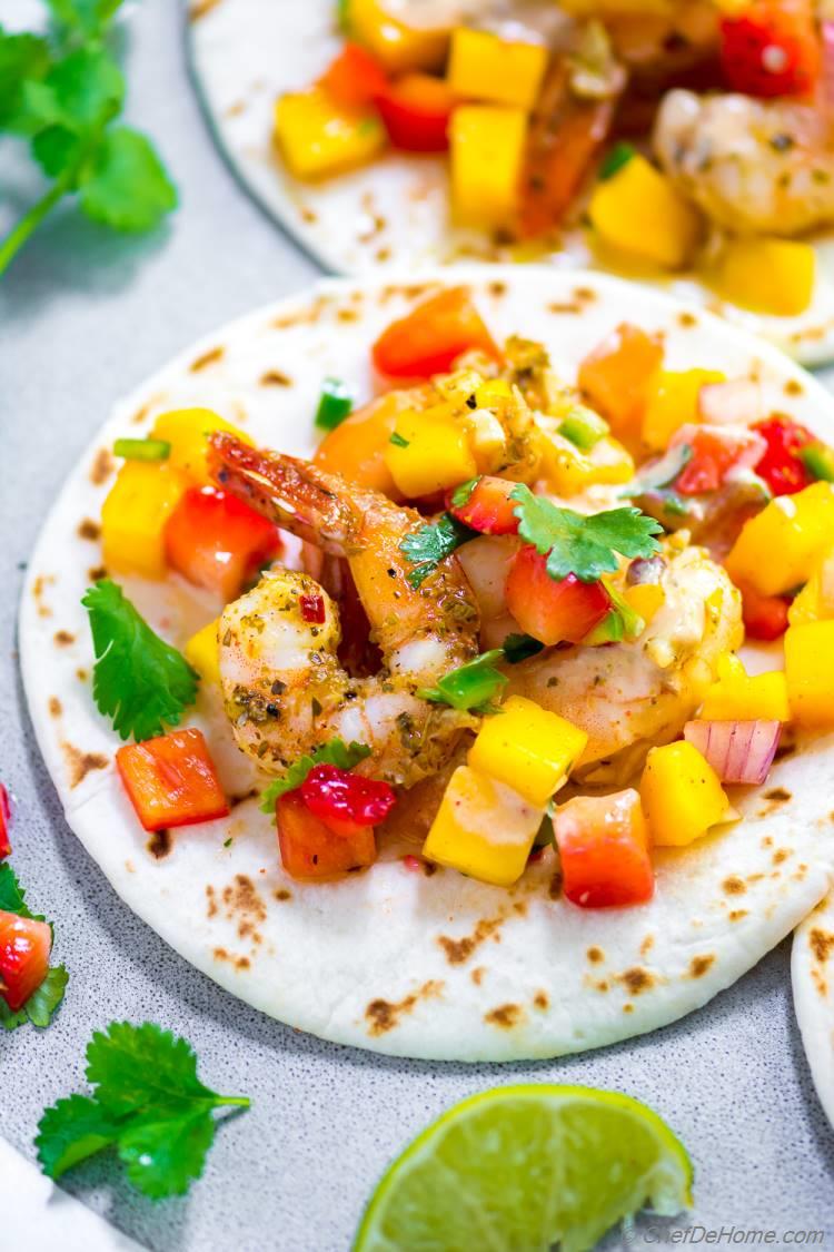 Shrimp Tacos with Mango Salsa, Spicy Garlic Tacos Sauce