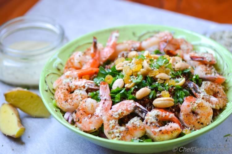 Roasted Shrimp and Quinoa Salad with Ginger-Hemp Dressing