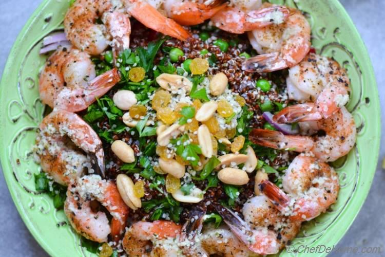 Roasted Shrimp and Quinoa Salad with Ginger-Hemp Dressing
