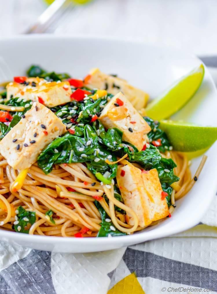 Vegan Meatless Monday Dinner of delicious and healthy Soba Noodles stir fry with spinach and coconut lime tofu | chefdehome.com 