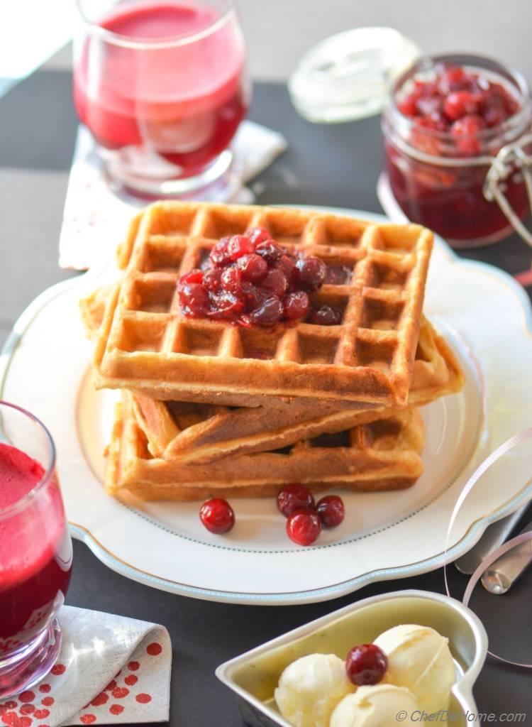 Ginger Spiced Sour Cream Waffles with Stewed Cranberries - breakfast in bed for someone you love