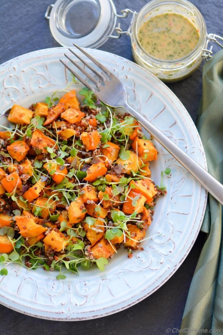 Healthy Vegan yet Creamy Roasted Acorn Squash Salad with Tahini Dressing