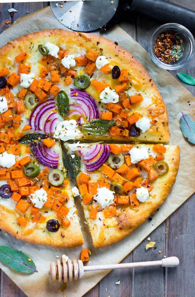 Savory butternut squash pizza with goat cheese