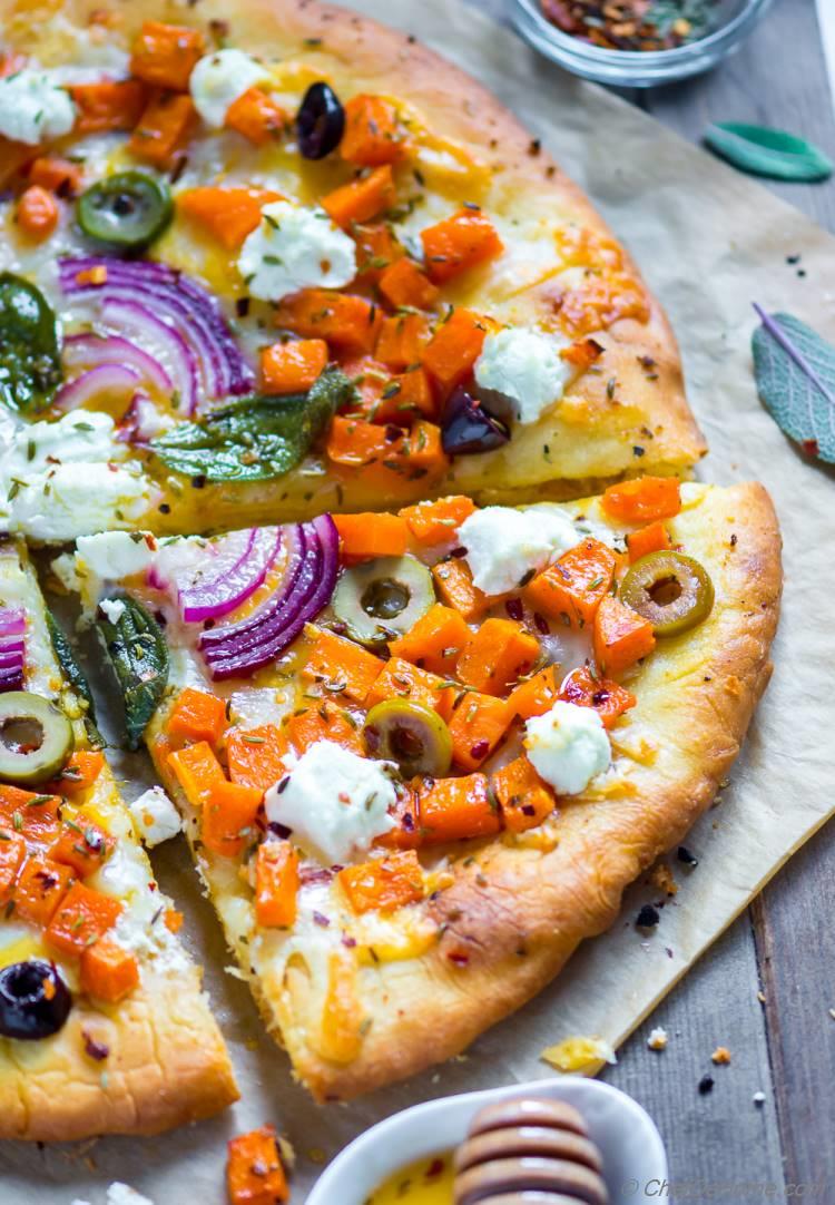Slice of Squash Pizza with goat cheese and honey