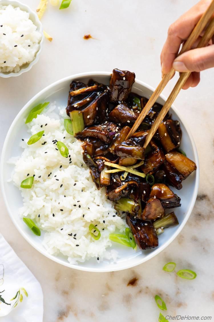 Fried Eggplant with Sauce and Rice