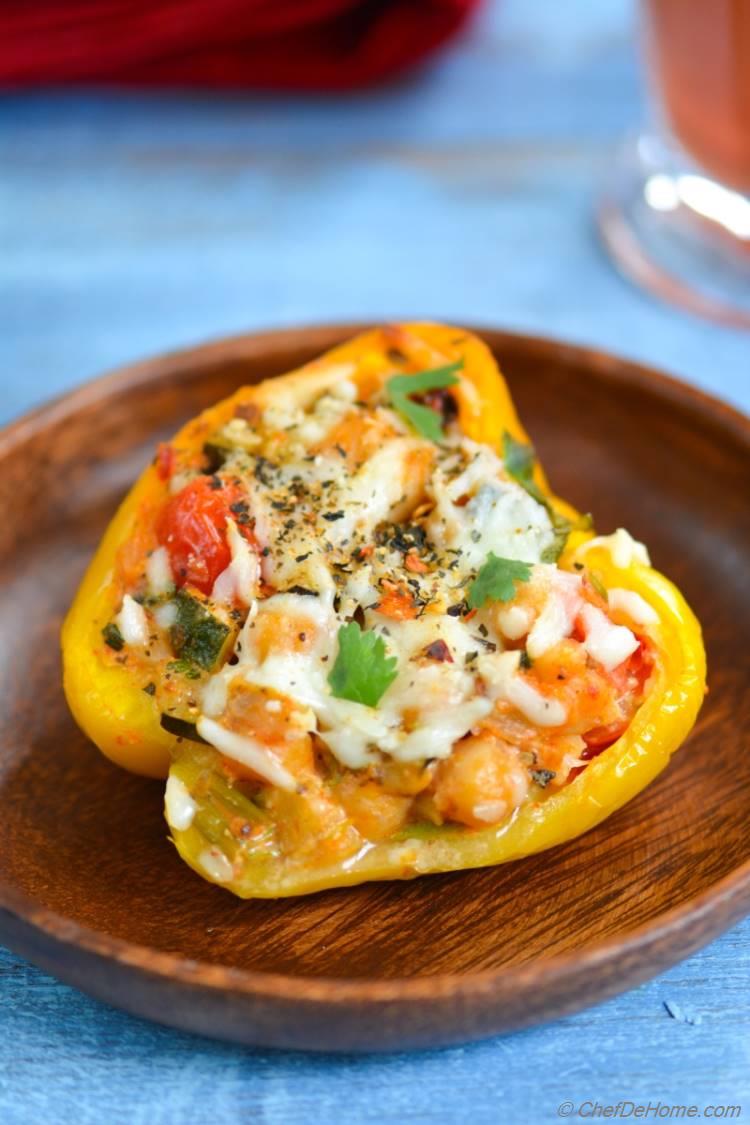 Chipotle Chickpea and Chicken Stuffed Peppers