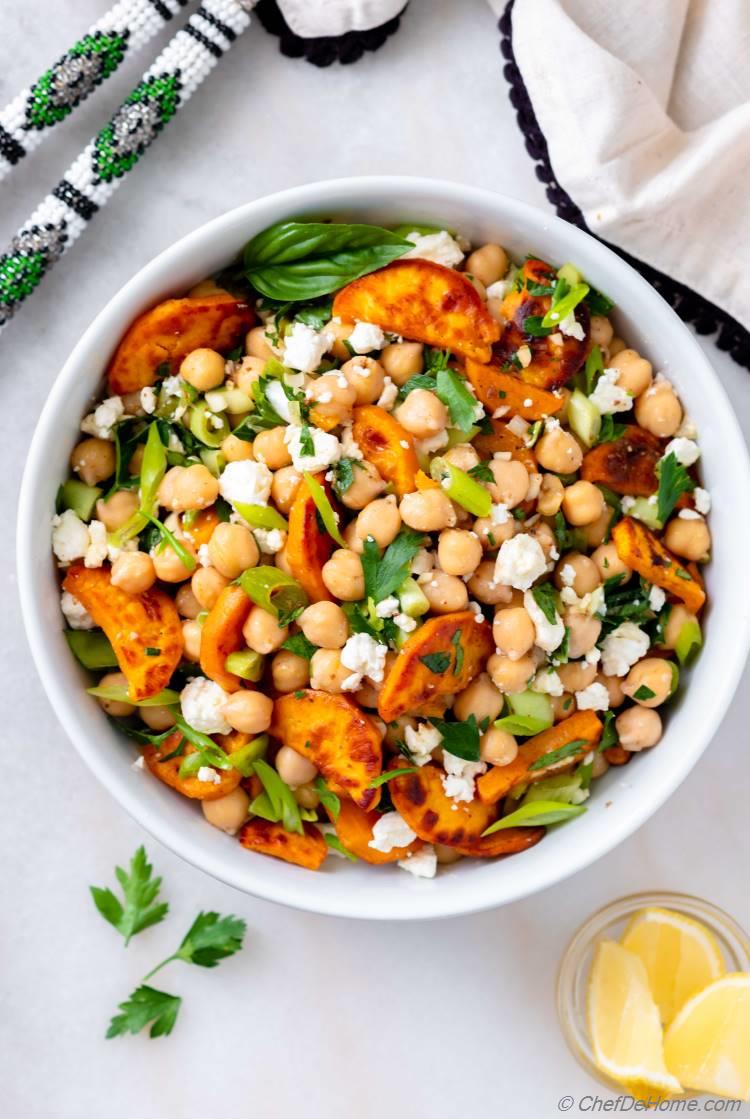 Roasted Sweet Potato Feta Chickpea Salad