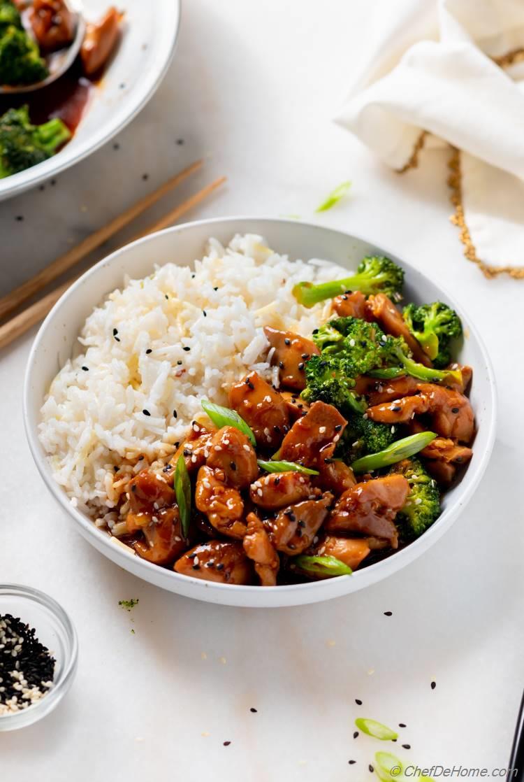 Teriyaki Sauce and Teriyaki Chicken over Bowl of Rice