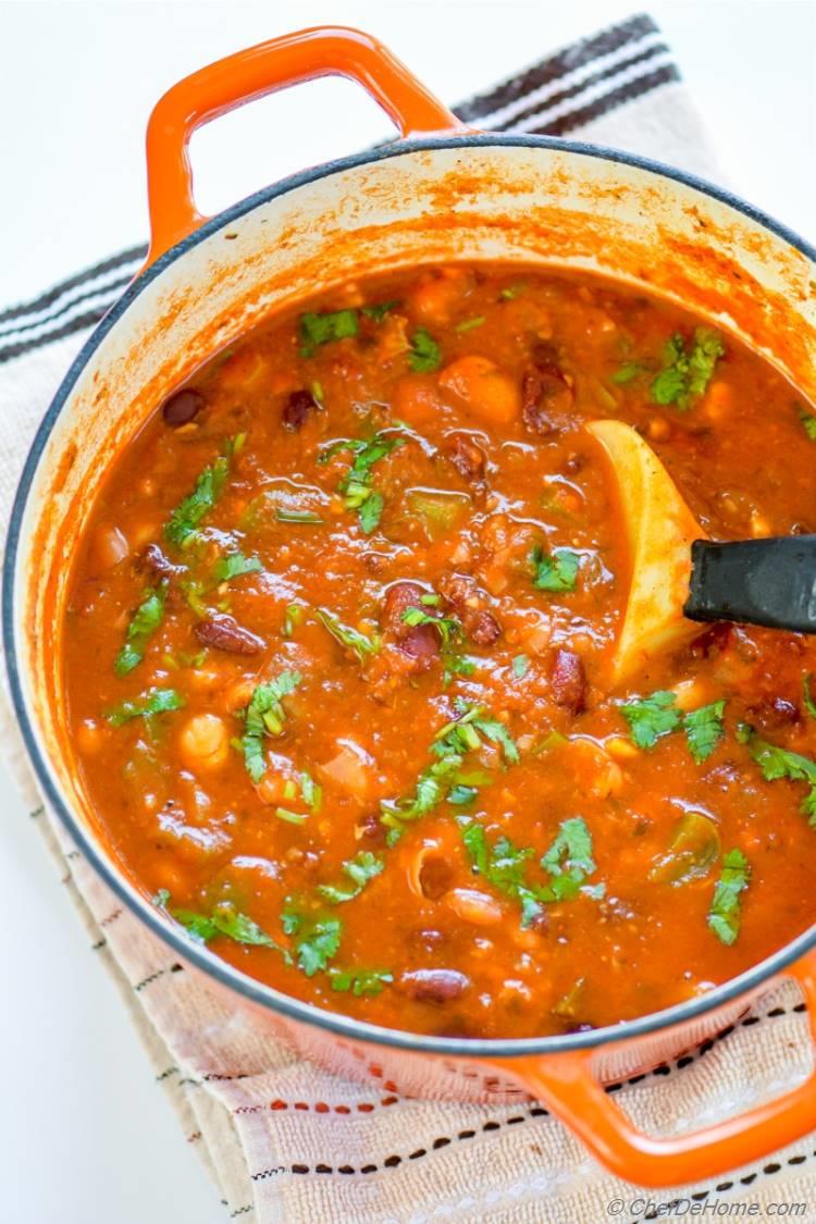 Gluten Free Vegetarian Best Three Beans Chili with Chickpeas and kick of Chipotle | chefdehome.com