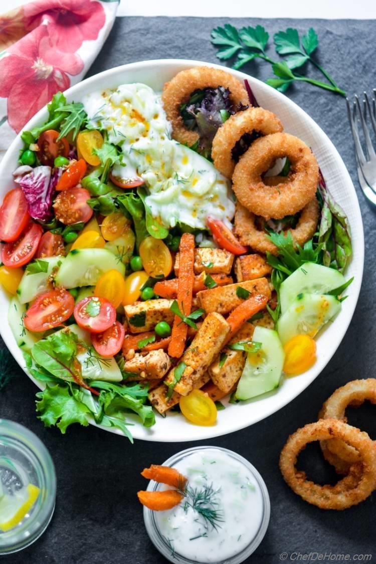 Healthy Delicious and Vegetarian Tofu and Fries Greek Shawarma Salad Bowl | chefdehome.com 
