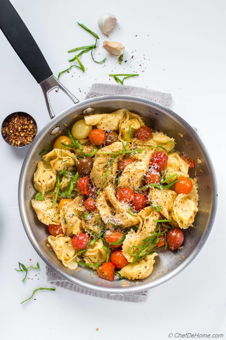 Skillet Dinner of Cherry Tomato Basil Tortellini Pasta