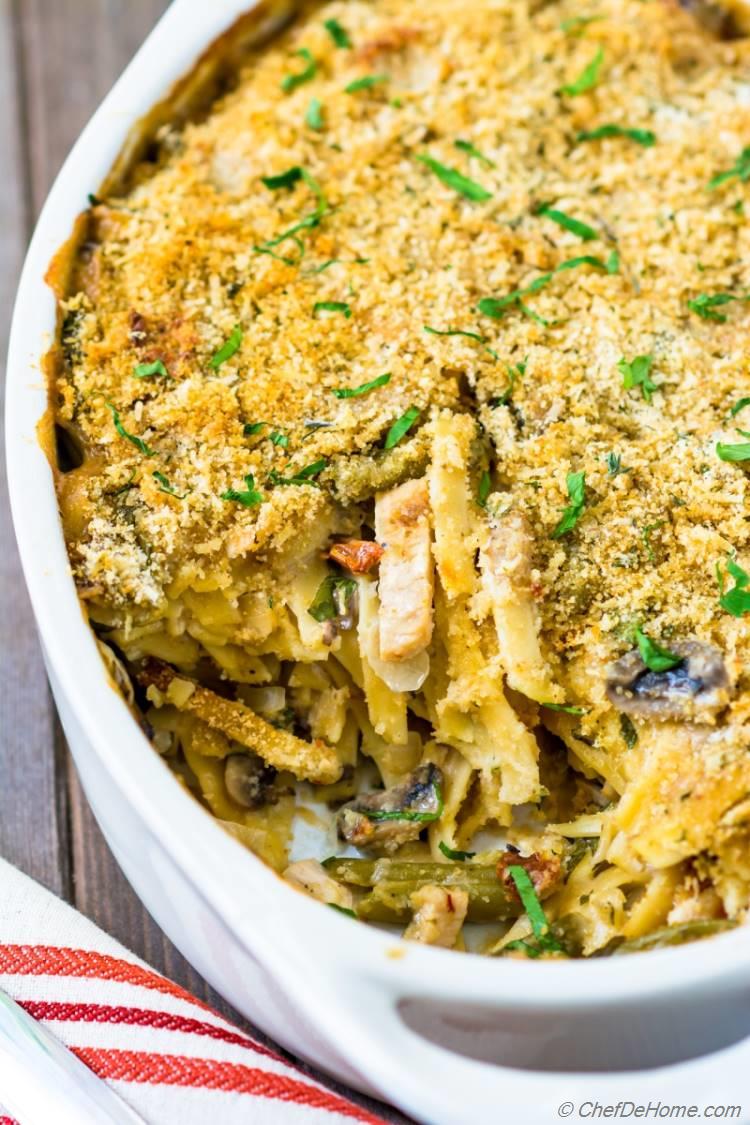 Turkey Tetrazzini Casserole with leftover turkey mushrooms and pasta | chefdehome.com