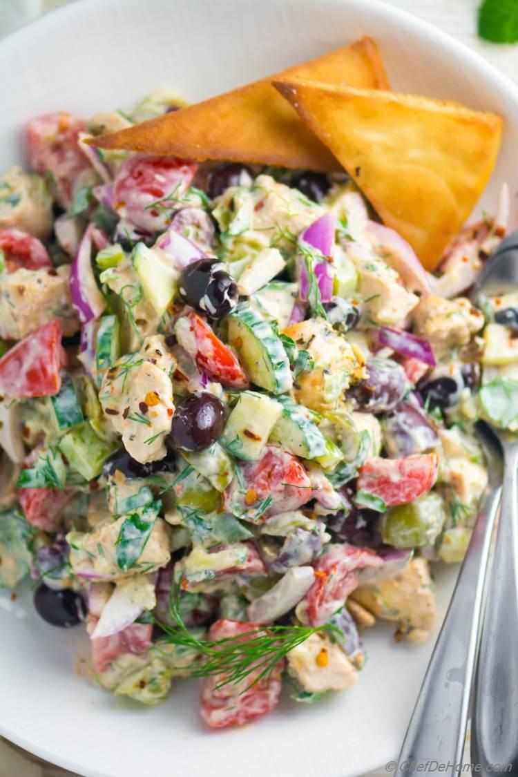 Delicious Tzatziki Chicken Salad Recipe with olives and crunchy tomatoes