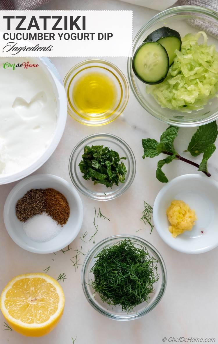 Tzatziki Sauce ingredients - Cucumber dill lemon yogurt and seasonings