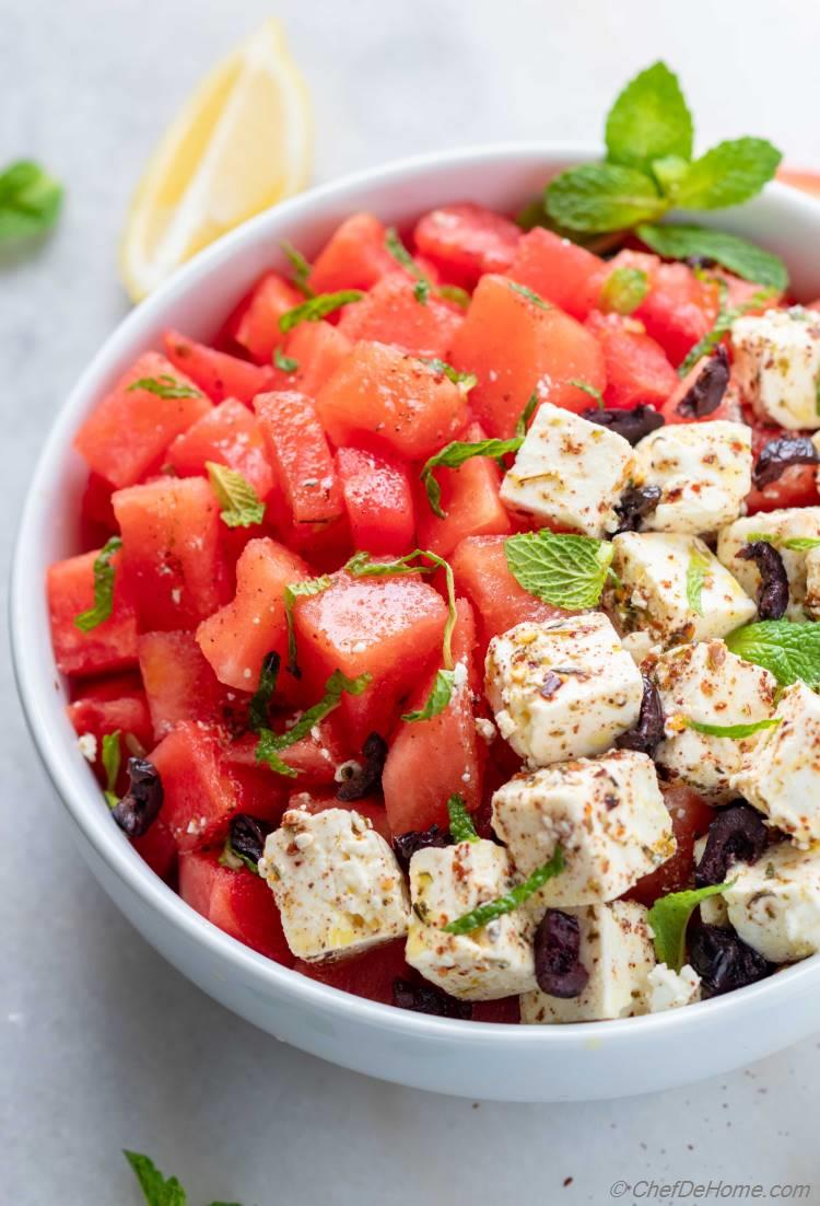 Watermelon Feta Mint Salad with herbs and olives