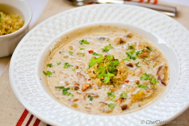 Quinoa and Wild Mushroom Soup. A simple, warm. and healthy bowl of soup. Perfect to for #winters and #fall season. #fall-food #fall-recipes #healthy #winters #soups