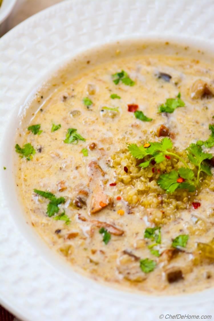 Quinoa and Wild Mushroom Chanterelle and Shiitake Soup! Healthy and easy soup for family entertaining. #soups