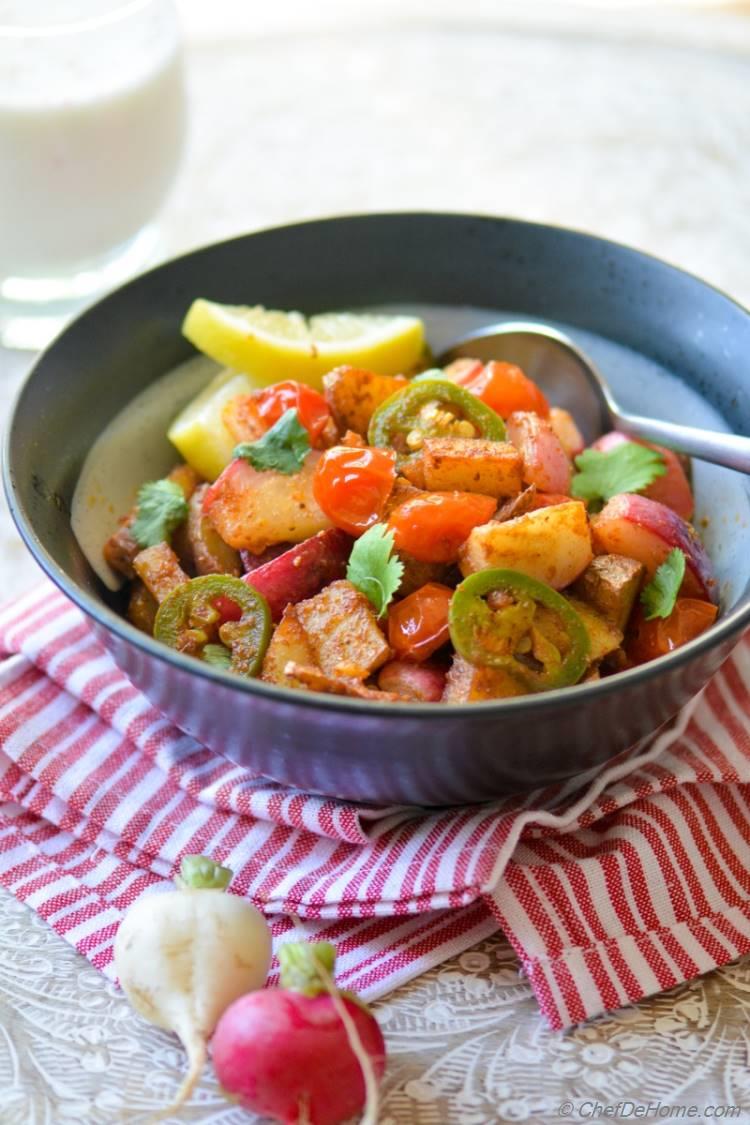 Easy Zesty Healthy and Scrumptious Pan Roasted Potatoes and Radish - Indian Navratri Food