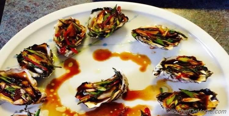 Baked Oysters with Garlicky, Sweet and Sour Scallion Sauce