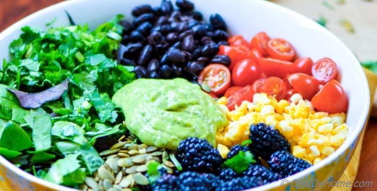 Mexican Black Bean and Berry Salad with Avocado Lime Dressing