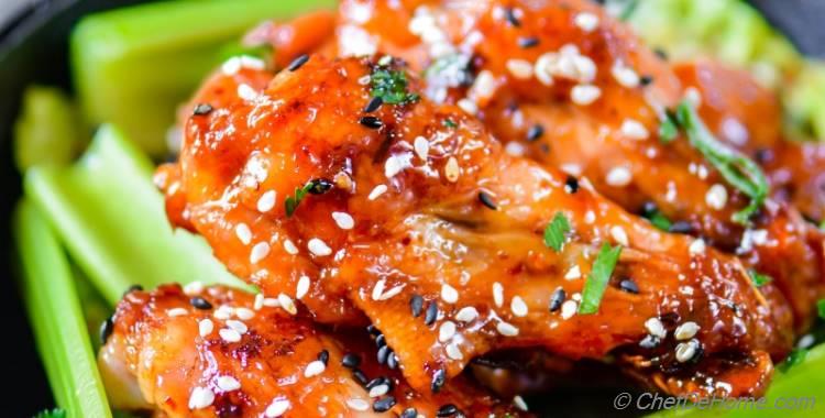 Crispy Baked Chicken Wings with Kimchi Caramelized Honey Sauce