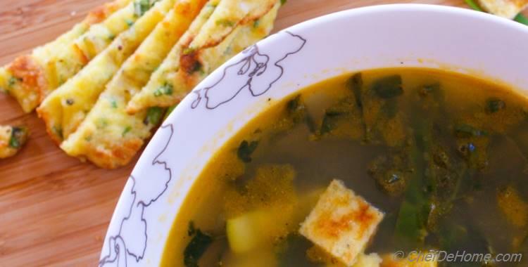 Kale and Zucchini Summer Soup with Chive Frittatine Croutons