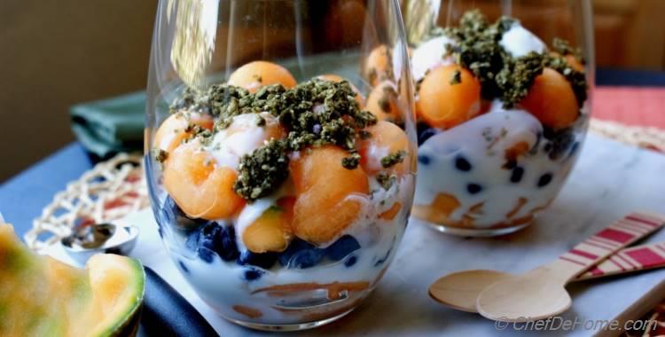 Melon, Blueberry and Yogurt Parfait with Hemp Cereal