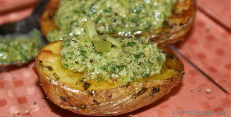 Baked Rustic Potatoes with Basil Pesto