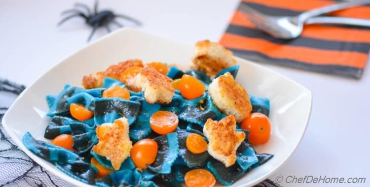 Spooky Lemon Butter Noodles with Witch Croutons