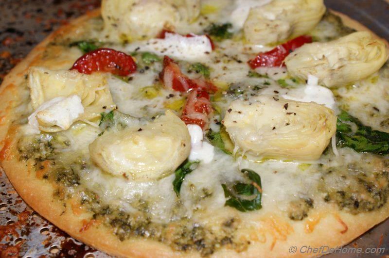 Rustic Spinach, Artichokes and Basil Pesto Pizza Recipe