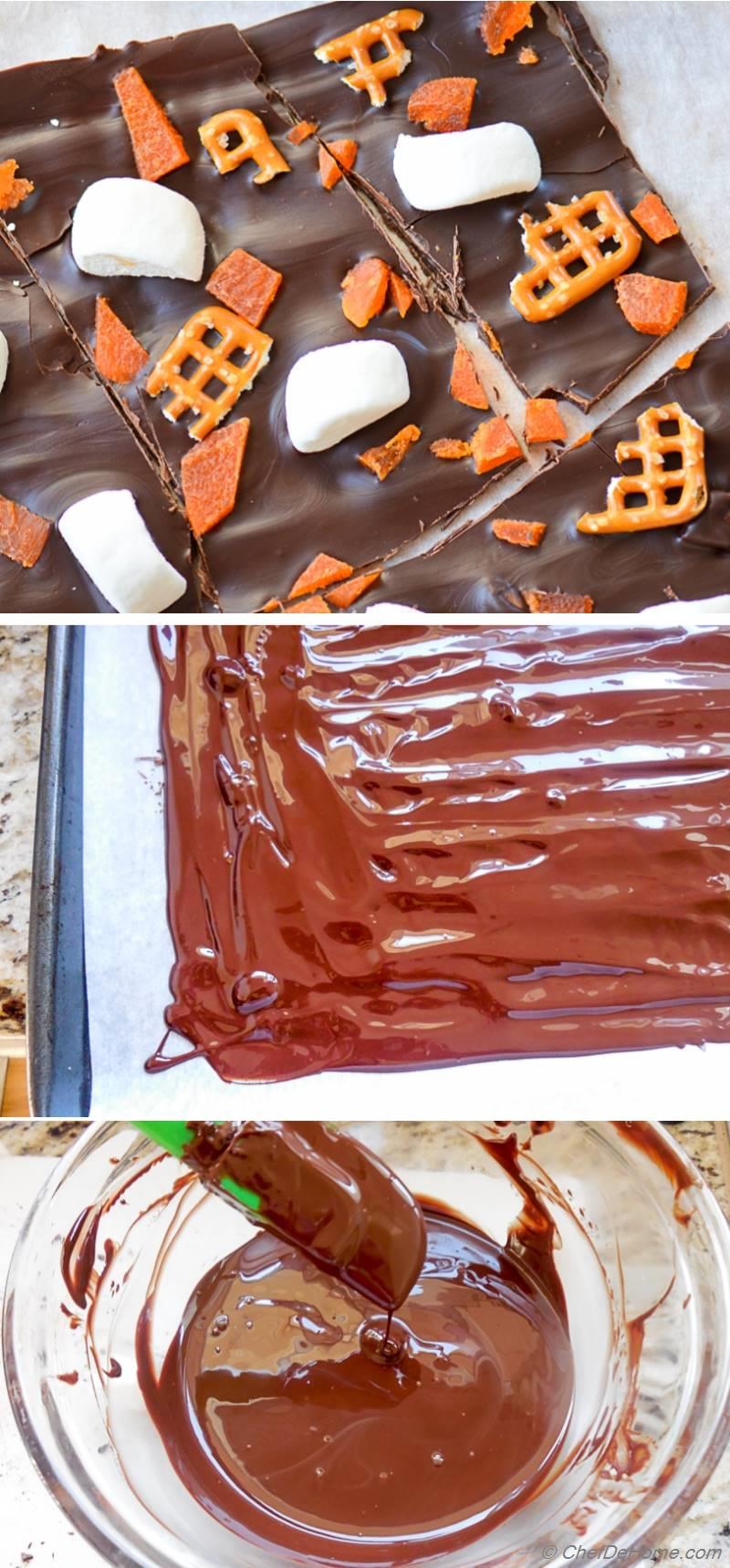 DarkChocolate Candy Bark with Marshmallow and Pretzels for Trickor